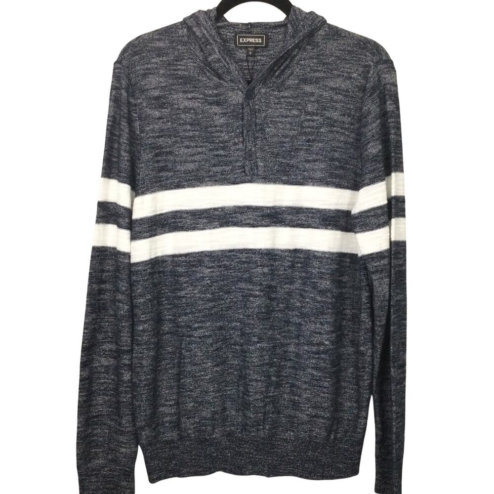 Express New England Prep Marled Hooded Henley Casual Knit Pullover Sweater L